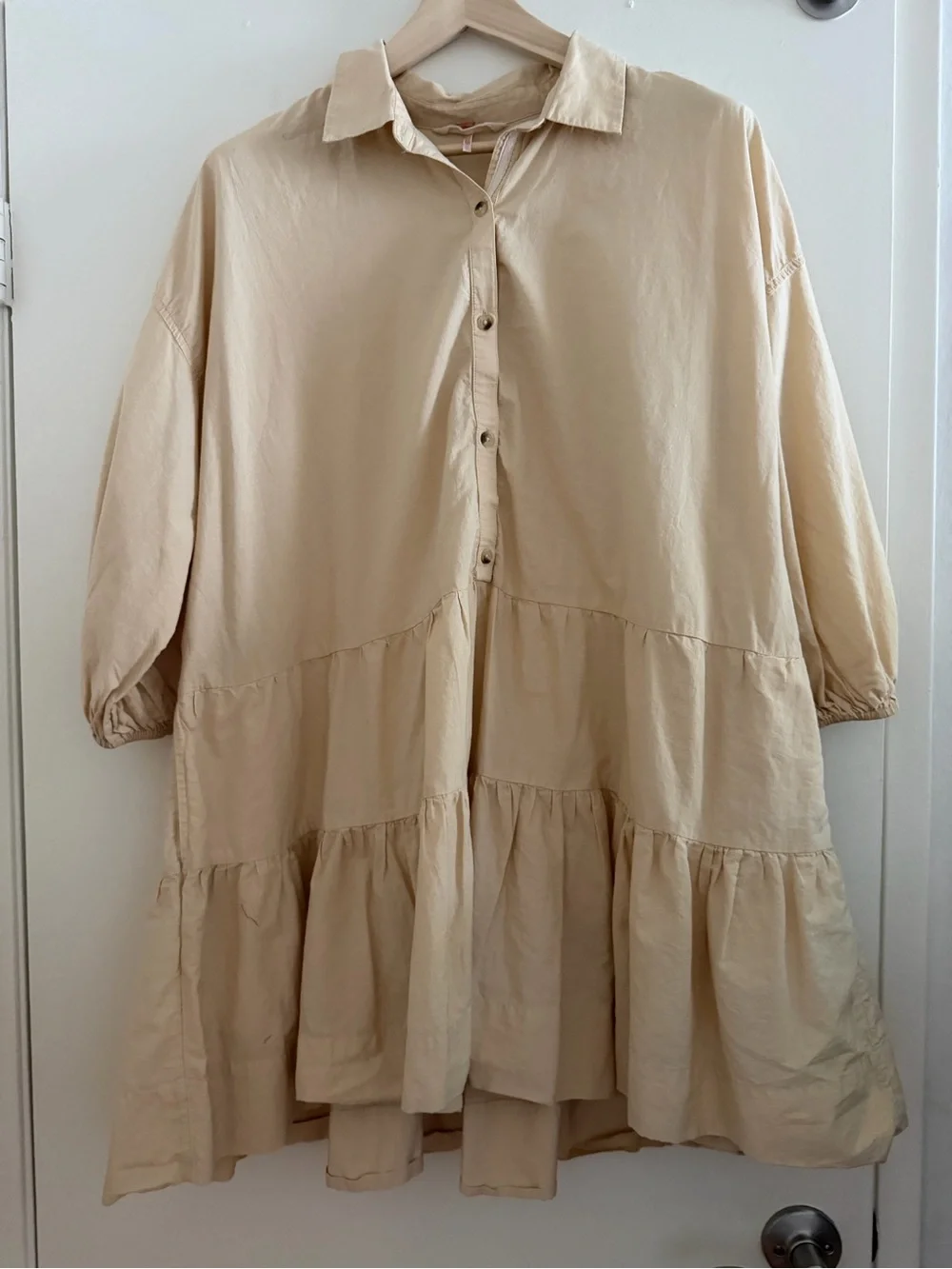 Free People Misha Mini Dress Tan Tiered Button-Front Balloon Sleeve Size L